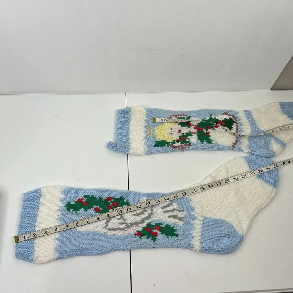 Knitted‎ Christmas Stocking Angel Bird Dove Blue Rustic Farmhouse Holiday Decor